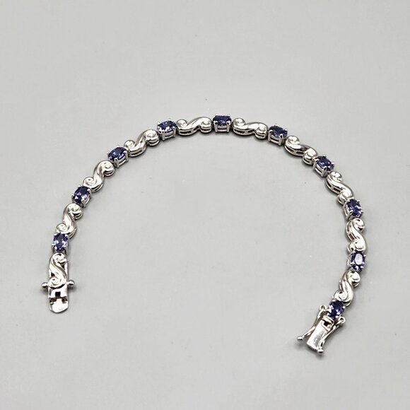 Sterling Silver Blue Cubic Zirconia Tennis Bracelet S Swirl Links Sterling Thai - Picture 1 of 8